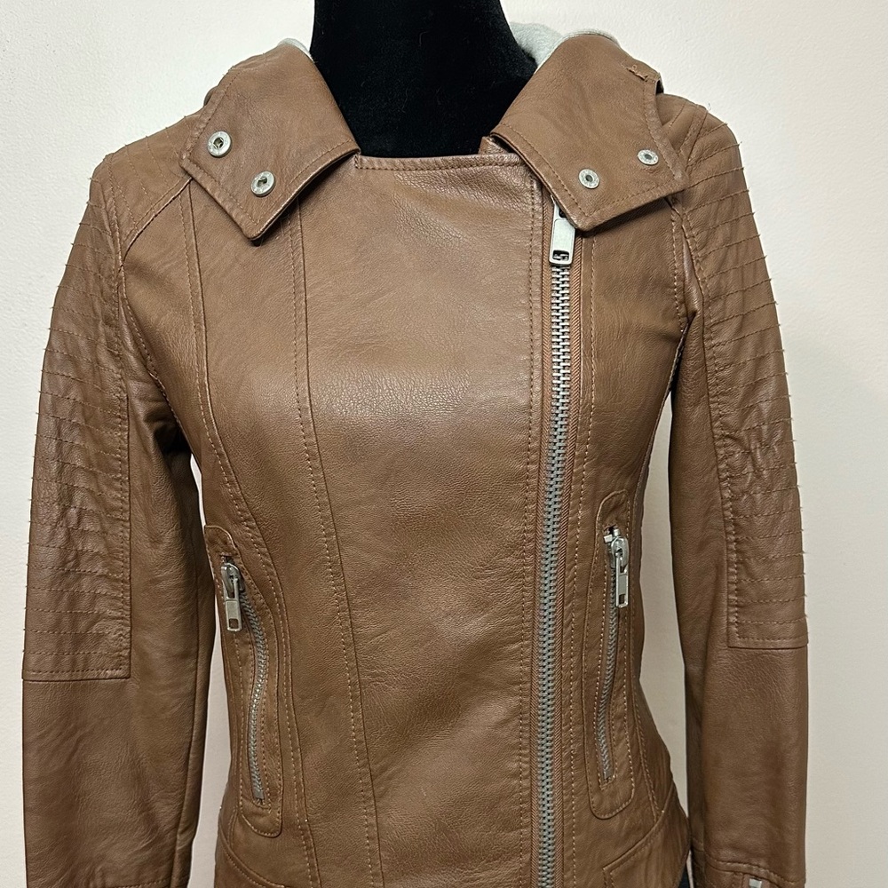 Brown Faux Leather Biker Jacket With Hood Size XS
